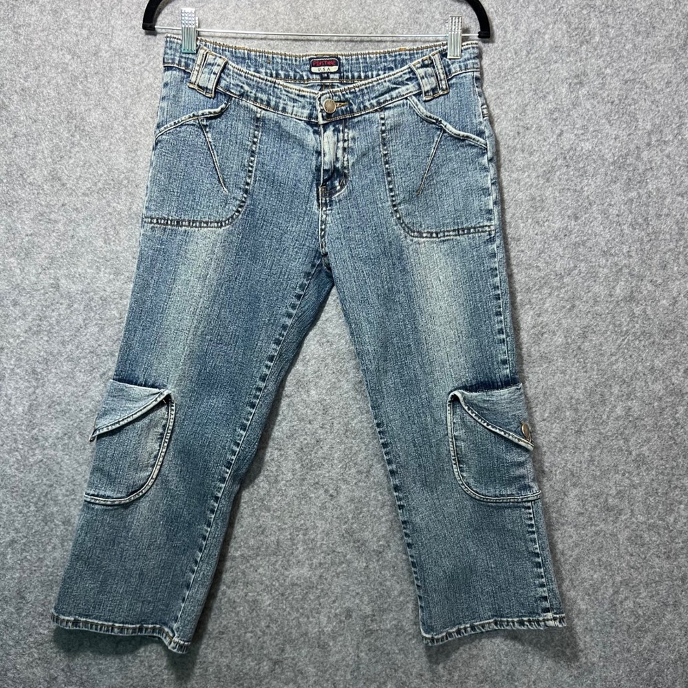 Y2K Women's‎ Cargo Capri Jeans Size 7/8 Low Rise Distressed Pockets USA